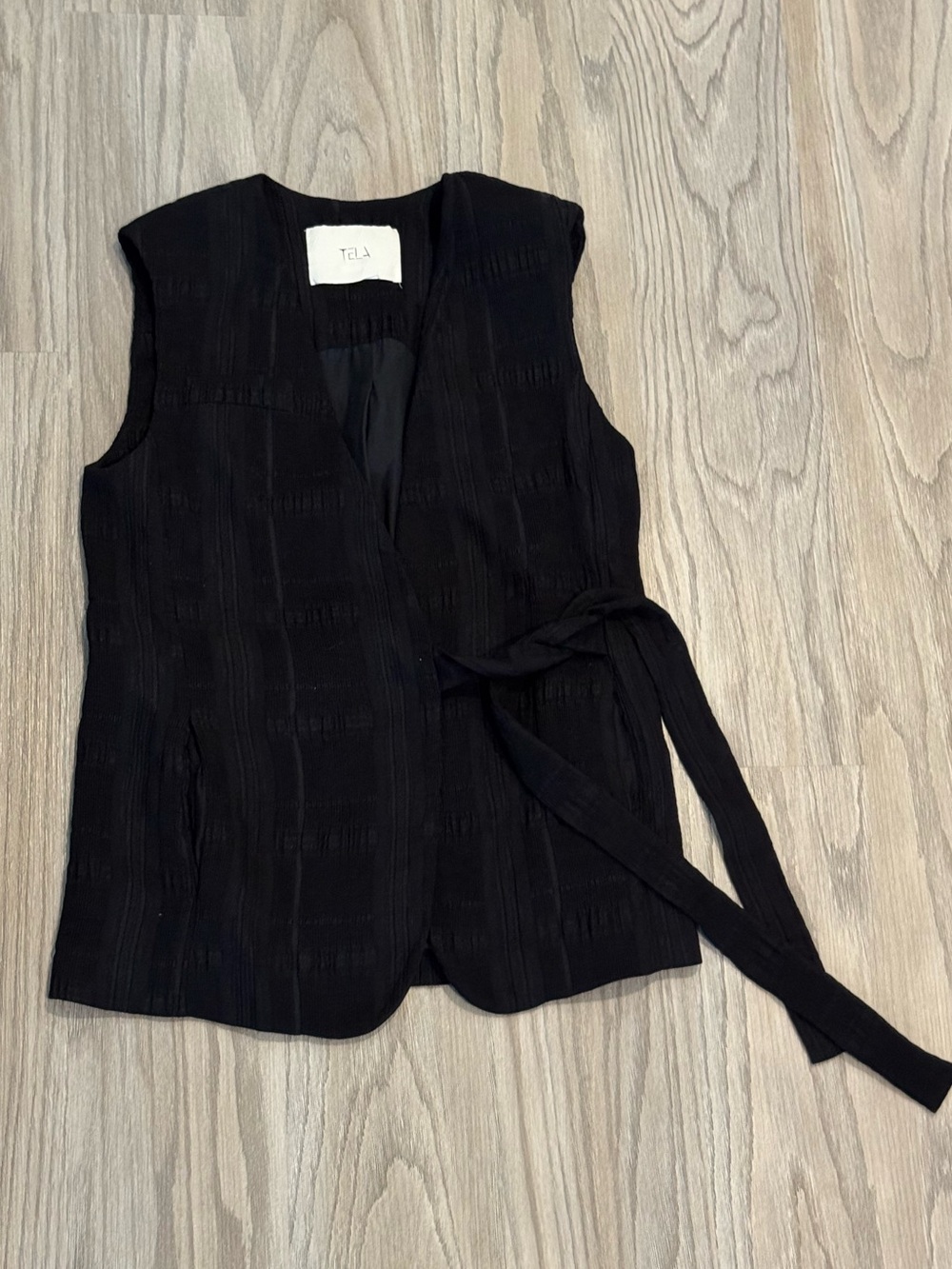 TELA Made in Italy Black Textured Belted Wrap Vest Waistcoat XS